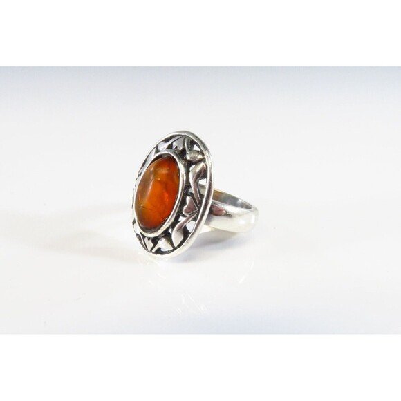 Pierced Silver & Orange Amber Cabochon Vintage Sterling Silver Ring Size 5.25 - Picture 4 of 7